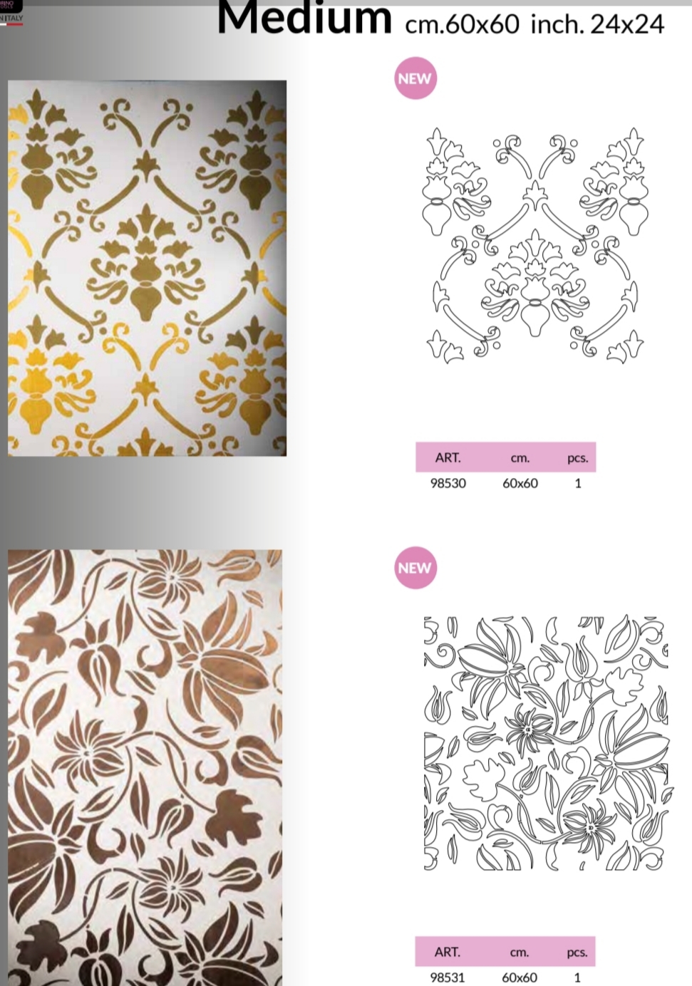 Pack de 2 stencils: damasco barroco y floral clásico, 60x60 cm