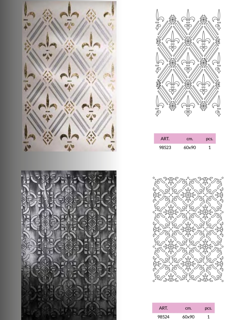 Pack de 2 stencils: flor de lis y encaje, 60x90 cm