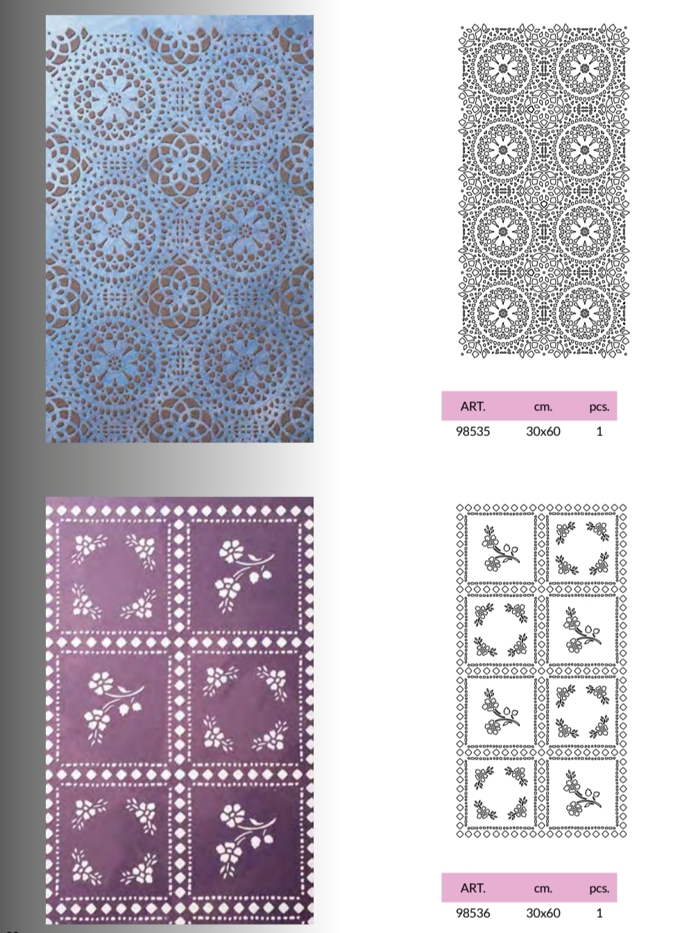Pack de 2 stencils: encaje mandala y azulejo floral, 30x60 cm